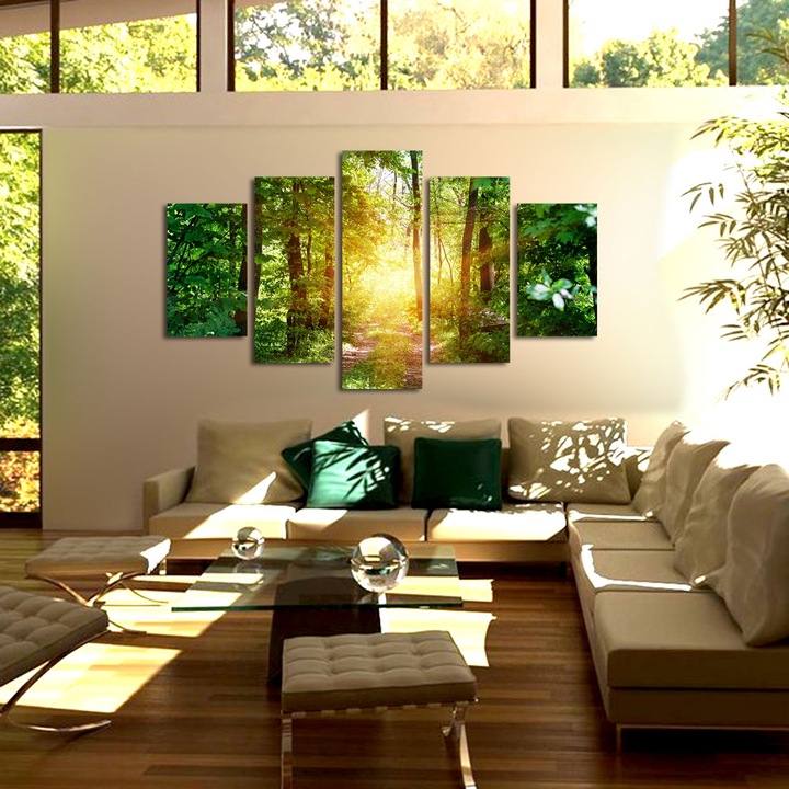 Set Tablouri Multicanvas, ArtDeco, Lumina calda in padurea verde, Panza pe cadru de lemn, Decoratiuni Moderne pentru Casa, 5 piese, 60 x 100 cm