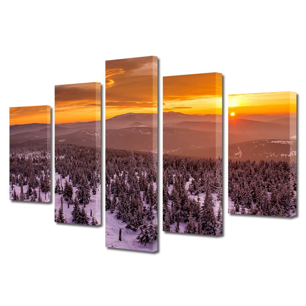 Set Tablouri Multicanvas, ArtDeco, Apus la munte, Panza pe cadru de lemn, Decoratiuni Moderne pentru Casa, 5 piese, 80 x 150 cm