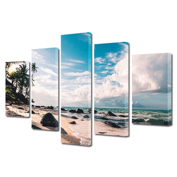 Set Tablouri Multicanvas, ArtDeco, Plaja insorita, Panza pe cadru de lemn, Decoratiuni Moderne pentru Casa, 5 piese, 110 x 200 cm Set Tablouri Multicanvas, ArtDeco, Plaja insorita, Panza pe cadru de lemn, Decoratiuni Moderne pentru Casa, 5 piese, 110 x 200 cm