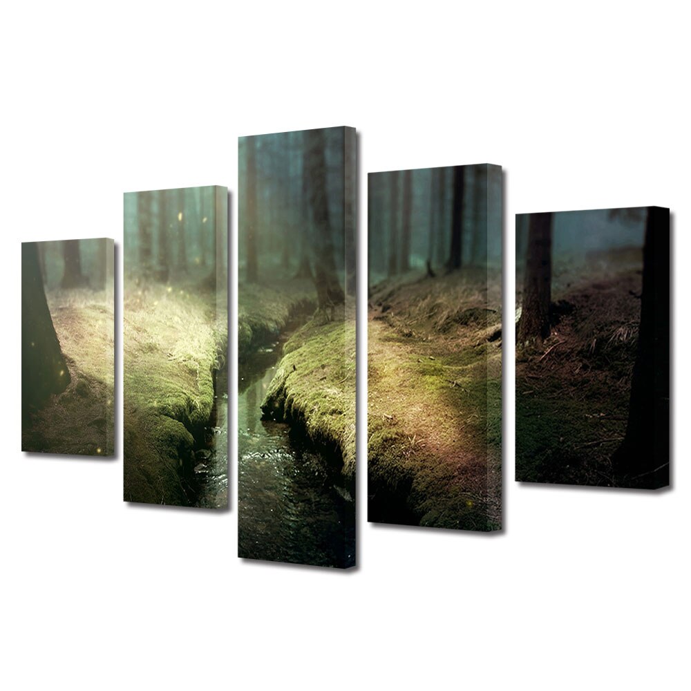 Set Tablouri Multicanvas, ArtDeco, Atmosfera mistica in padure, Panza pe cadru de lemn, Decoratiuni Moderne pentru Casa, 5 piese, 100 x 175 cm