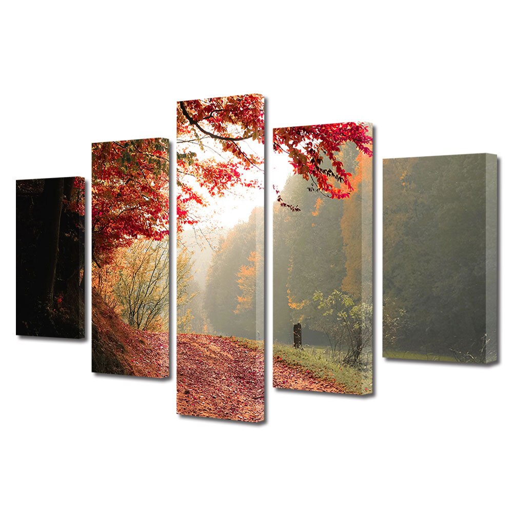 Set Tablouri Multicanvas, ArtDeco, Plimbare la marginea padurii rosiatice, Panza pe cadru de lemn, Decoratiuni Moderne pentru Casa, 5 piese, 110 x 200 cm