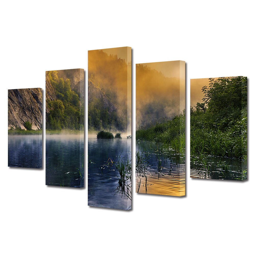 Set Tablouri Multicanvas, ArtDeco, Ceata pe lac, Panza pe cadru de lemn, Decoratiuni Moderne pentru Casa, 5 piese, 60 x 100 cm