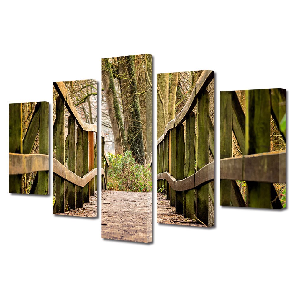 Set Tablouri Multicanvas, ArtDeco, Pod din lemn in padure, Panza pe cadru de lemn, Decoratiuni Moderne pentru Casa, 5 piese, 110 x 200 cm