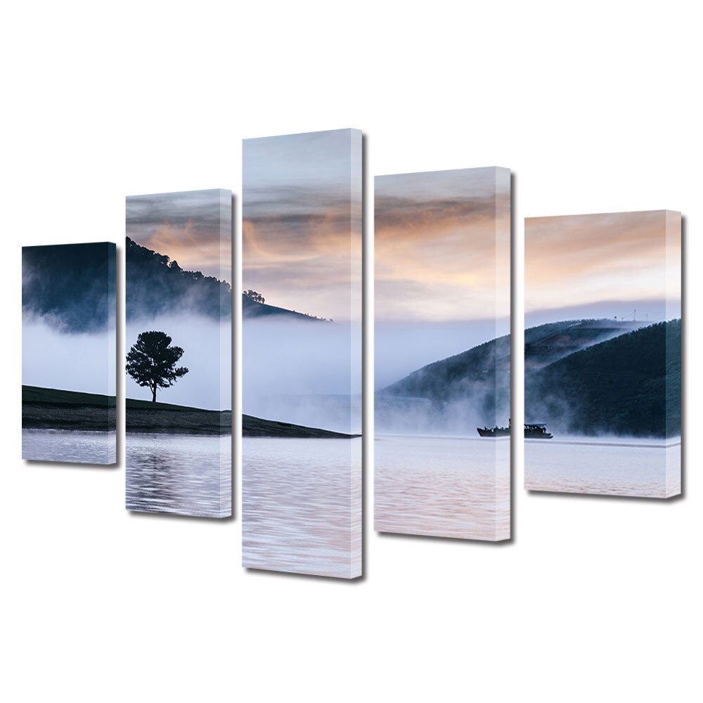 Set Tablouri Multicanvas, ArtDeco, Ceata pe apa si siluete, Panza pe cadru de lemn, Decoratiuni Moderne pentru Casa, 5 piese, 60 x 100 cm