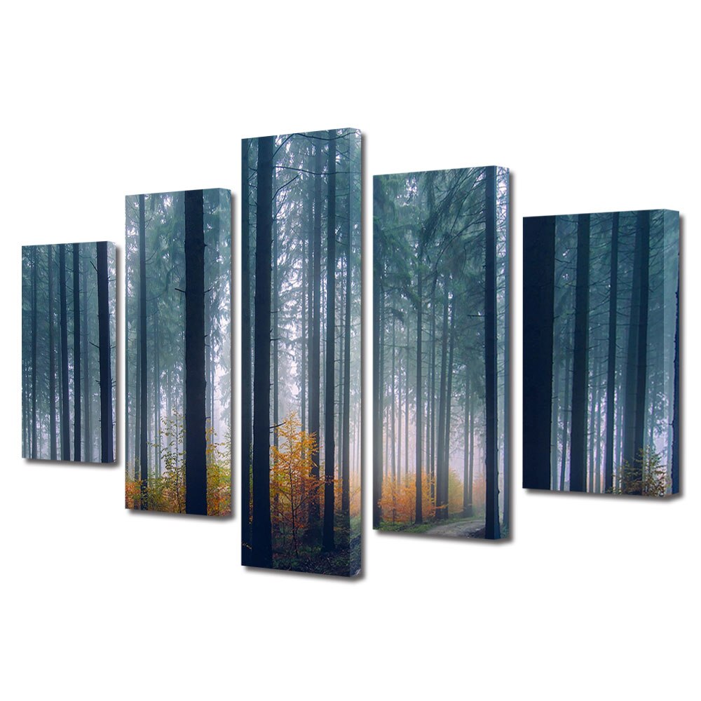 Set Tablouri Multicanvas, ArtDeco, Padure de brazi toamna, Panza pe cadru de lemn, Decoratiuni Moderne pentru Casa, 5 piese, 100 x 175 cm