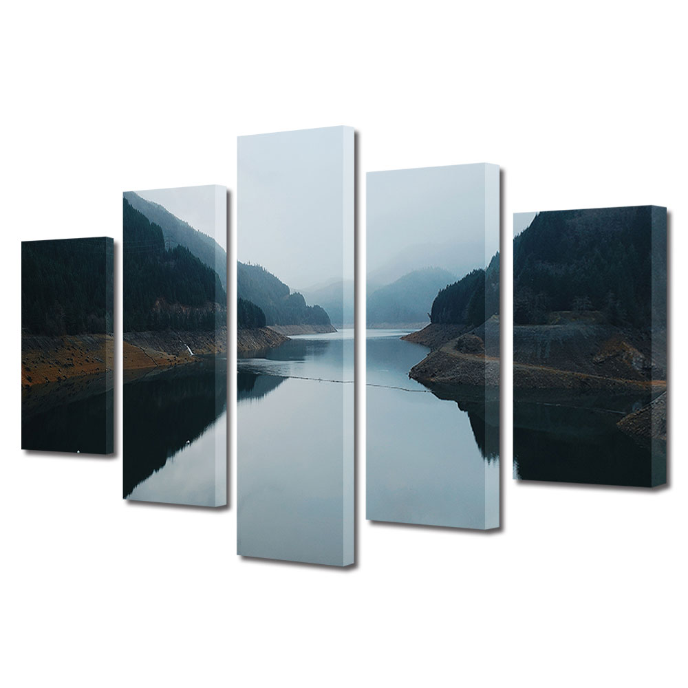 Set Tablouri Multicanvas, ArtDeco, Dealuri incetosate la rau, Panza pe cadru de lemn, Decoratiuni Moderne pentru Casa, 5 piese, 70 x 125 cm