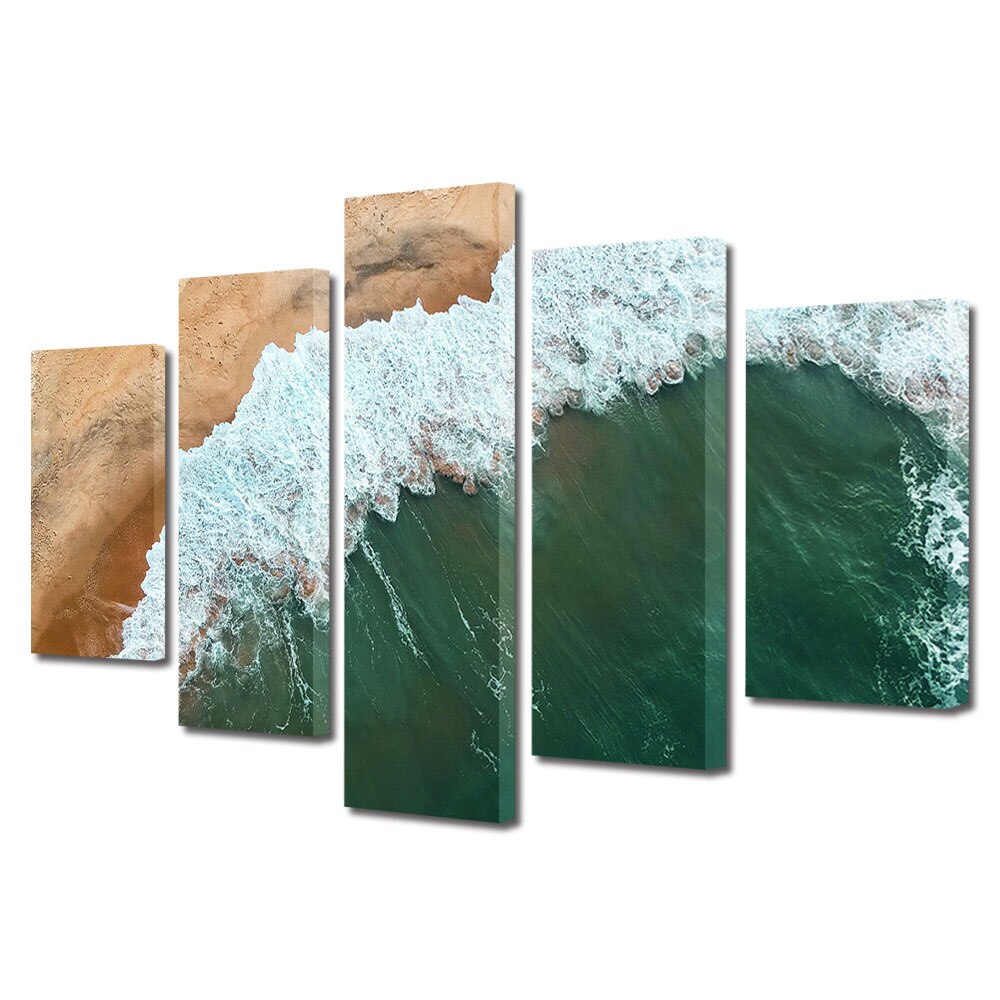 Set Tablouri Multicanvas, ArtDeco, Valurile lovesc malul, Panza pe cadru de lemn, Decoratiuni Moderne pentru Casa, 5 piese, 70 x 125 cm
