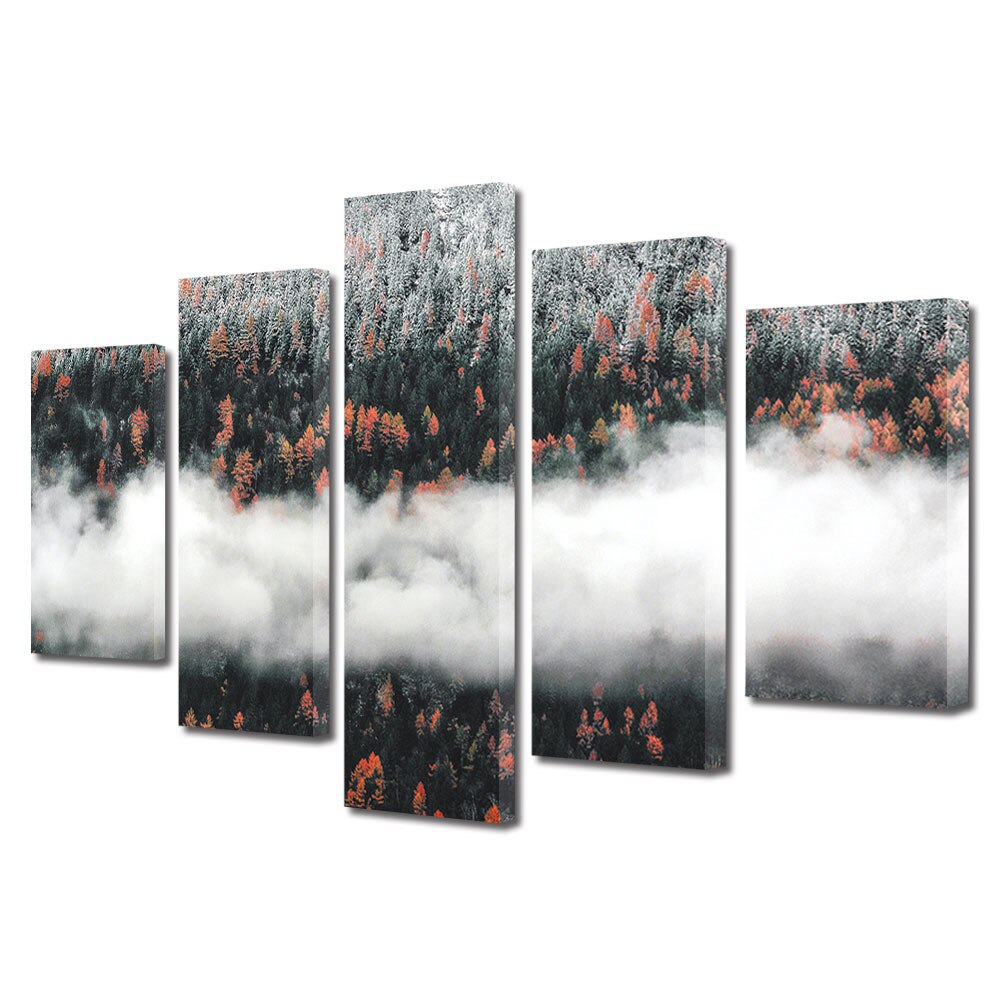 Set Tablouri Multicanvas, ArtDeco, Ceata strabate padurea de brazi, Panza pe cadru de lemn, Decoratiuni Moderne pentru Casa, 5 piese, 60 x 100 cm