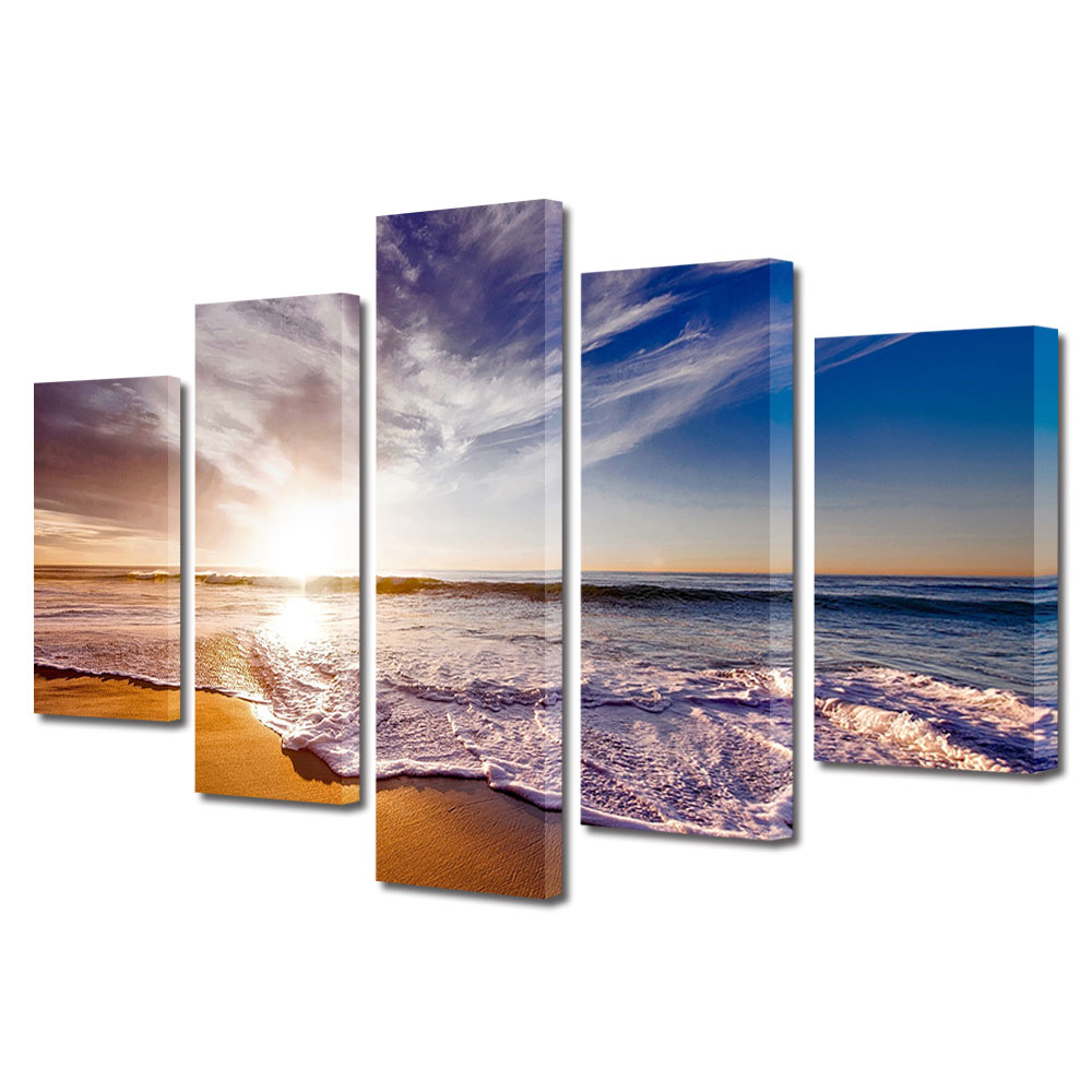 Set Tablouri Multicanvas, ArtDeco, Pe plaja la rasarit, Panza pe cadru de lemn, Decoratiuni Moderne pentru Casa, 5 piese, 60 x 100 cm