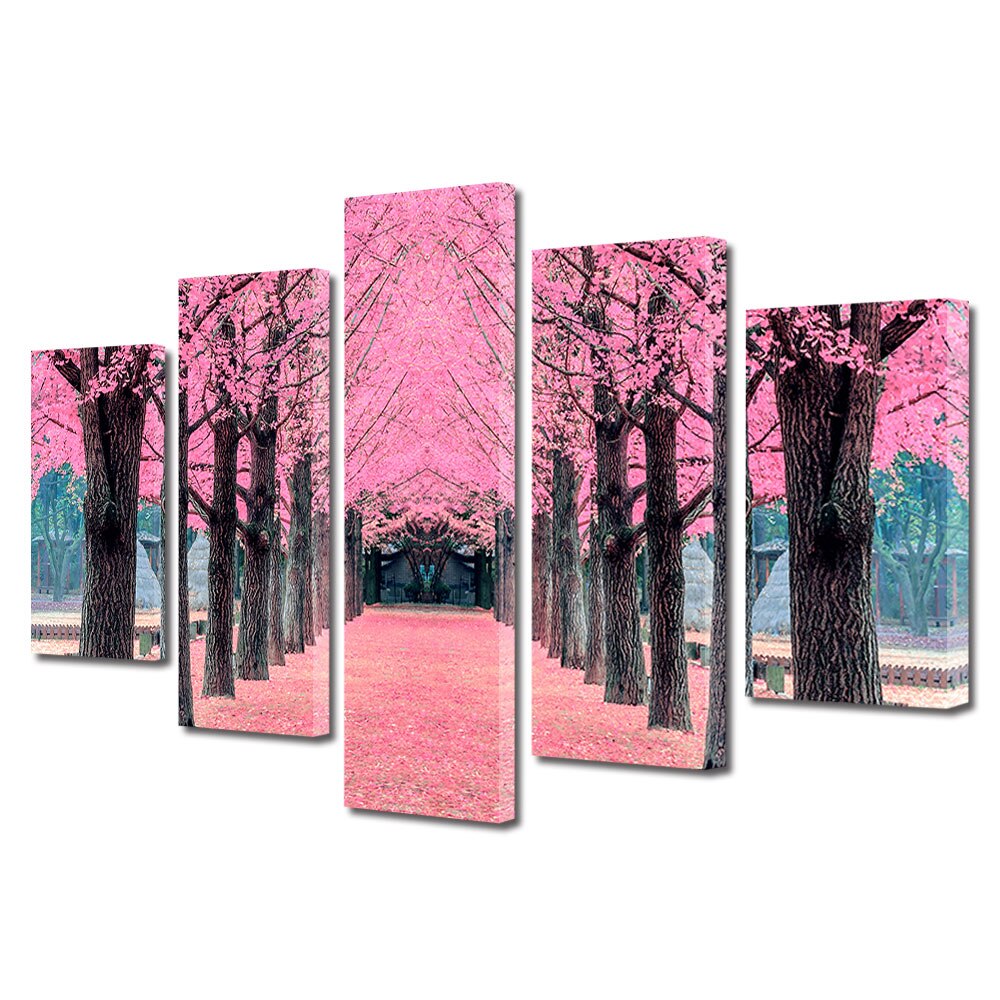 Set Tablouri Multicanvas, ArtDeco, Simetrie in roz, Panza pe cadru de lemn, Decoratiuni Moderne pentru Casa, 5 piese, 110 x 200 cm