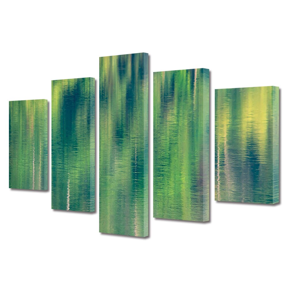 Set Tablouri Multicanvas, ArtDeco, Verde oglindit, Panza pe cadru de lemn, Decoratiuni Moderne pentru Casa, 5 piese, 60 x 100 cm