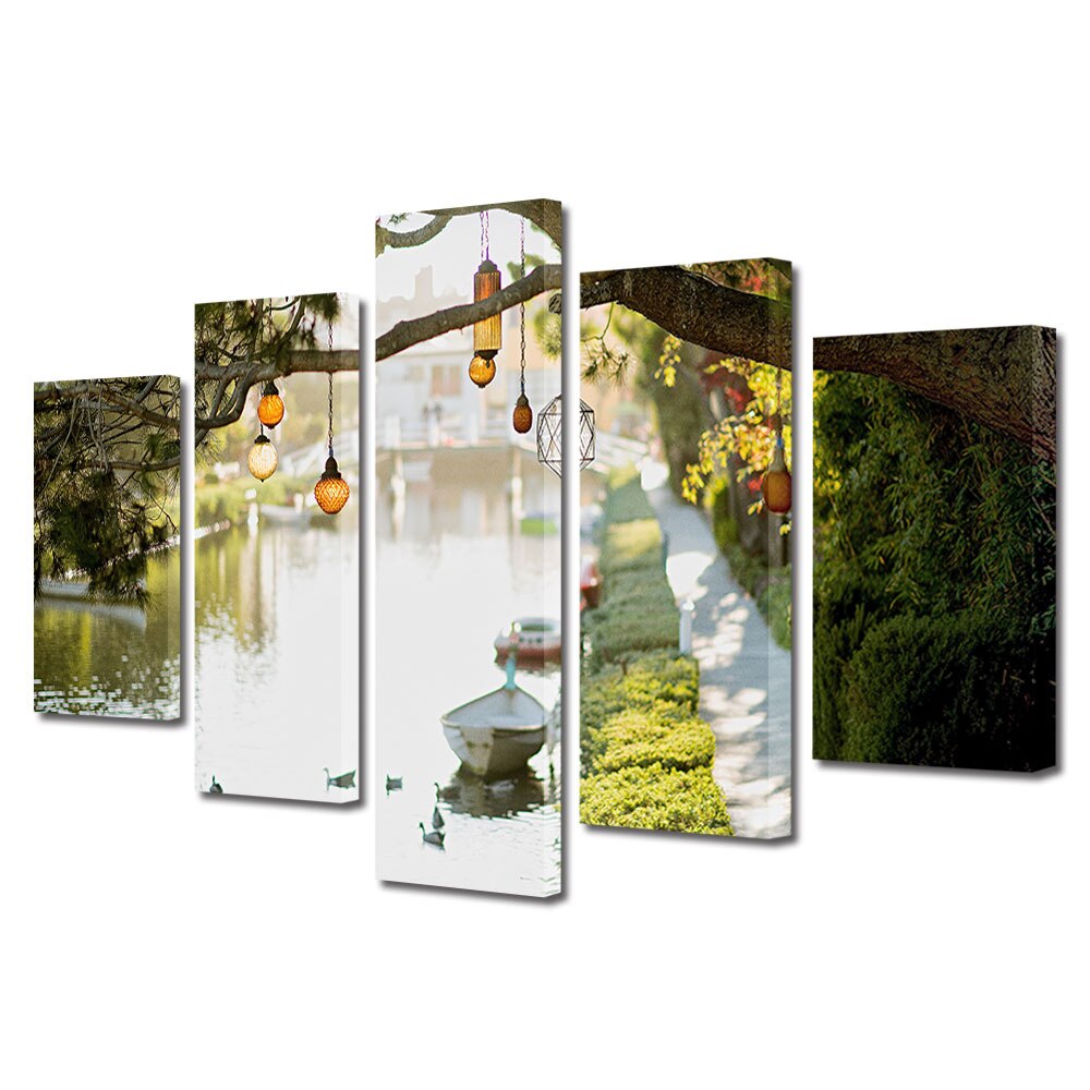 Set Tablouri Multicanvas, ArtDeco, Rau amenajat, Panza pe cadru de lemn, Decoratiuni Moderne pentru Casa, 5 piese, 60 x 100 cm