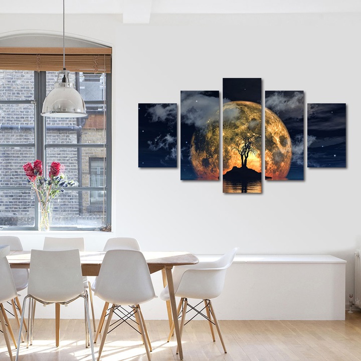 Set Tablouri Multicanvas, ArtDeco, Luna fantastica si silueta de copac, Panza pe cadru de lemn, Decoratiuni Moderne pentru Casa, 5 piese, 60 x 100 cm