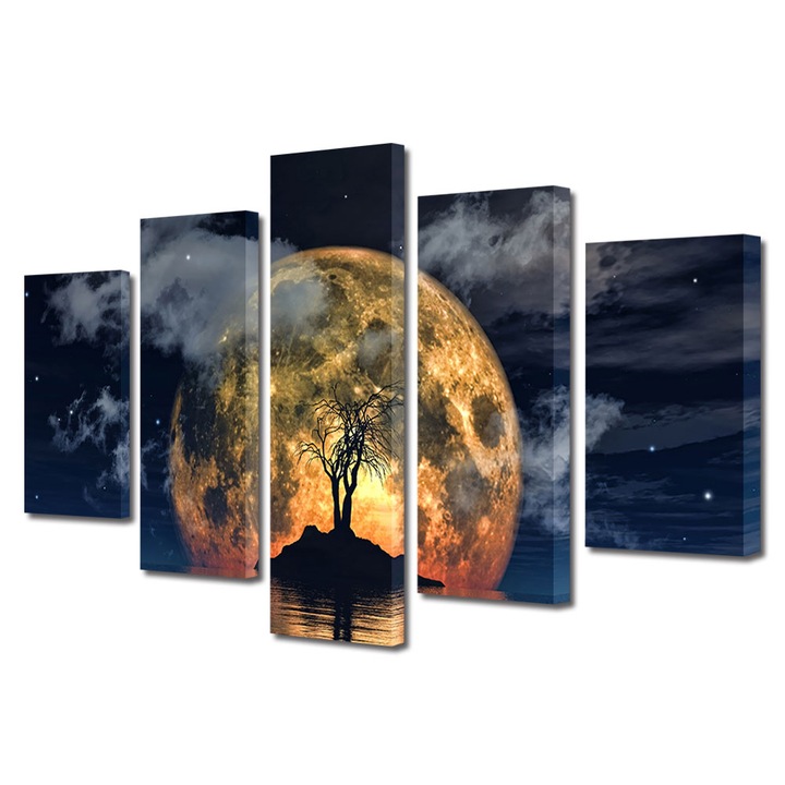 Set Tablouri Multicanvas, ArtDeco, Luna fantastica si silueta de copac, Panza pe cadru de lemn, Decoratiuni Moderne pentru Casa, 5 piese, 60 x 100 cm