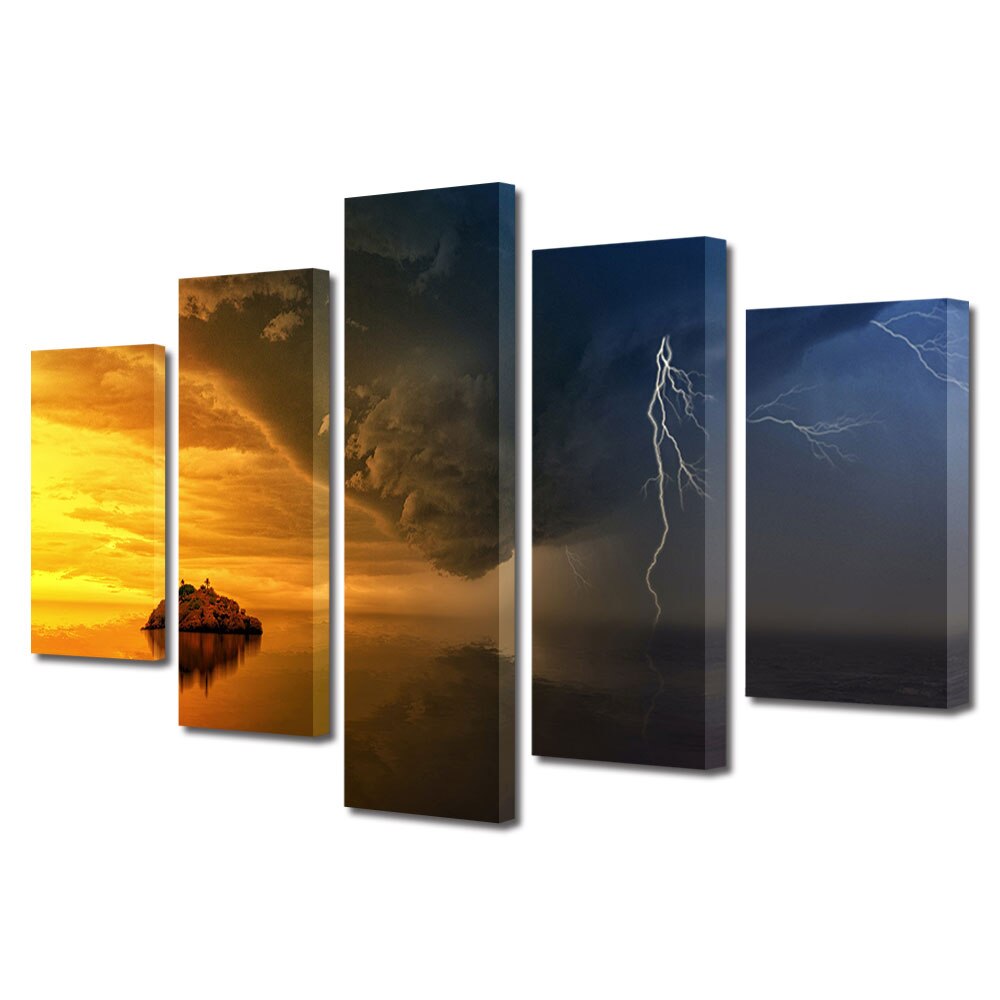 Set Tablouri Multicanvas, ArtDeco, Soare si fulger, Panza pe cadru de lemn, Decoratiuni Moderne pentru Casa, 5 piese, 70 x 125 cm
