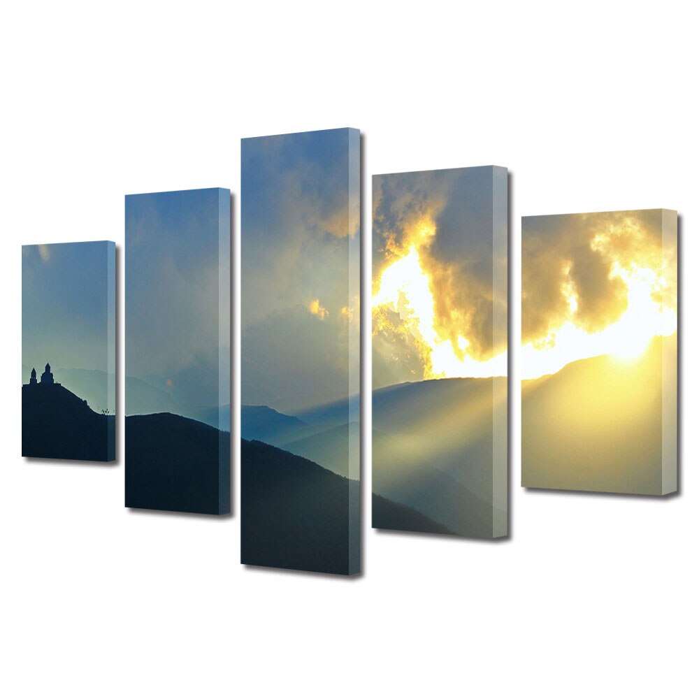 Set Tablouri Multicanvas, ArtDeco, Manastire pe munte la rasarit, Panza pe cadru de lemn, Decoratiuni Moderne pentru Casa, 5 piese, 60 x 100 cm