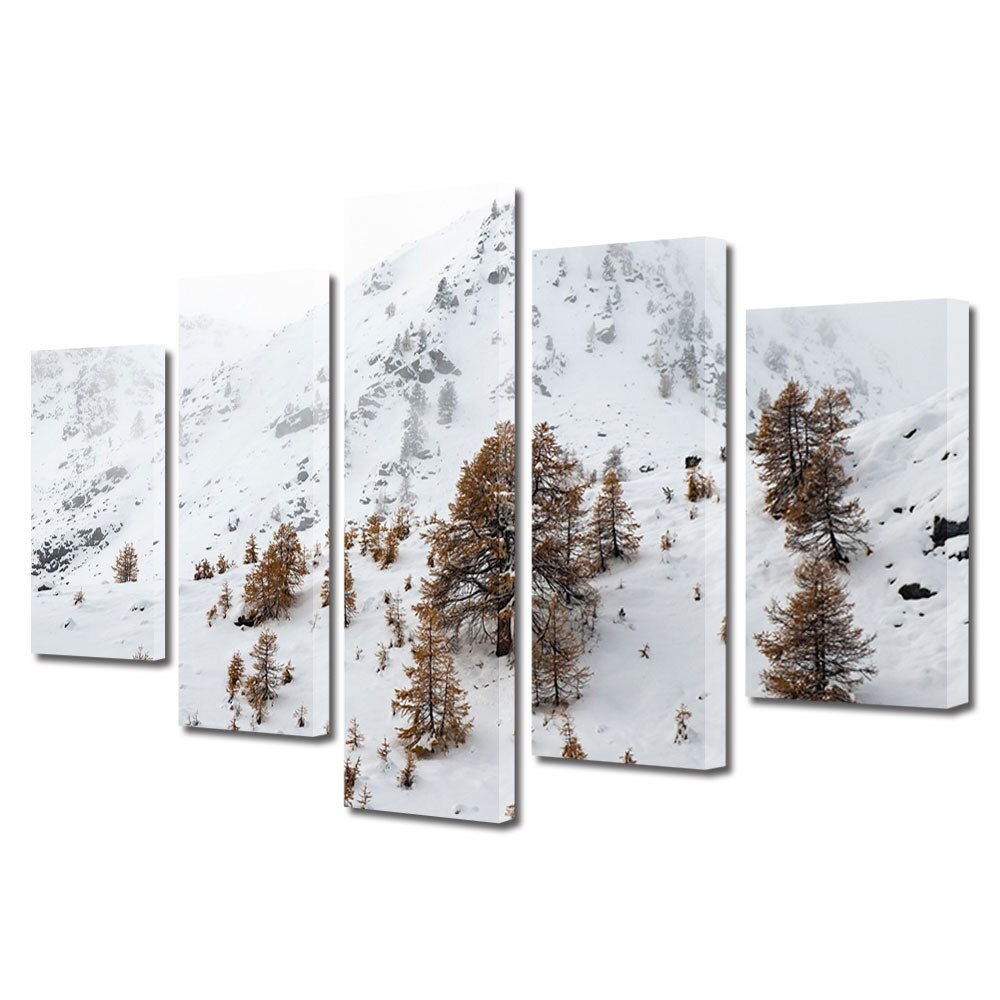 Set Tablouri Multicanvas, ArtDeco, Copaci tomnatici iarna, Panza pe cadru de lemn, Decoratiuni Moderne pentru Casa, 5 piese, 70 x 125 cm