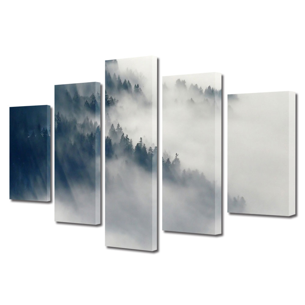 Set Tablouri Multicanvas, ArtDeco, Padure de brazi incetosata la munte, Panza pe cadru de lemn, Decoratiuni Moderne pentru Casa, 5 piese, 60 x 100 cm