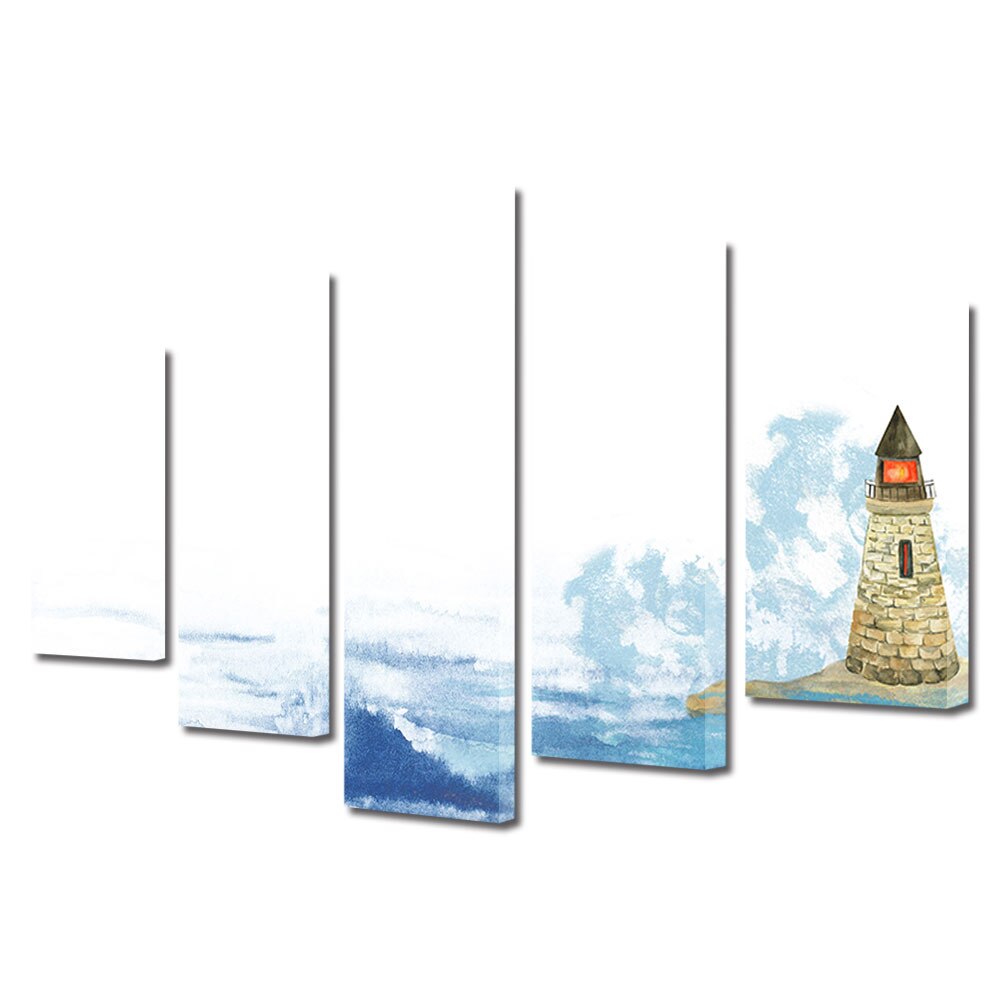 Set Tablouri Multicanvas, ArtDeco, Far langa ocean, Panza pe cadru de lemn, Decoratiuni Moderne pentru Casa, 5 piese, 70 x 125 cm