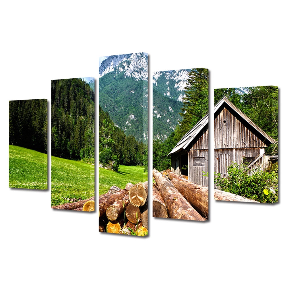 Set Tablouri Multicanvas, ArtDeco, Busteni la munte, Panza pe cadru de lemn, Decoratiuni Moderne pentru Casa, 5 piese, 60 x 100 cm