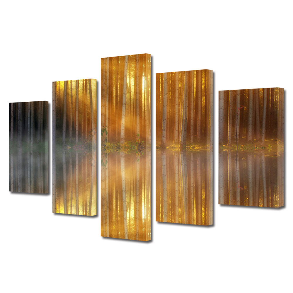 Set Tablouri Multicanvas, ArtDeco, Copaci inalti in oglinda lacului, Panza pe cadru de lemn, Decoratiuni Moderne pentru Casa, 5 piese, 60 x 100 cm