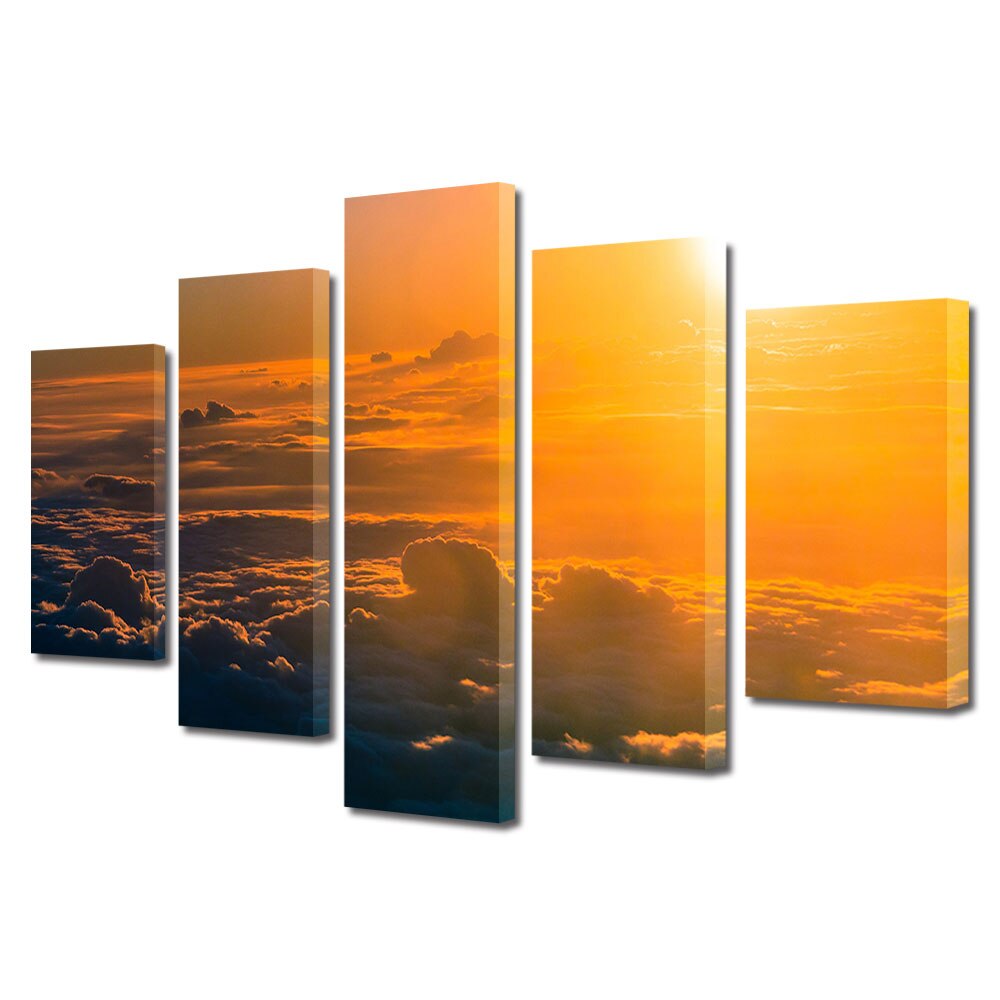 Set Tablouri Multicanvas, ArtDeco, Soare deasupra norilor, Panza pe cadru de lemn, Decoratiuni Moderne pentru Casa, 5 piese, 60 x 100 cm