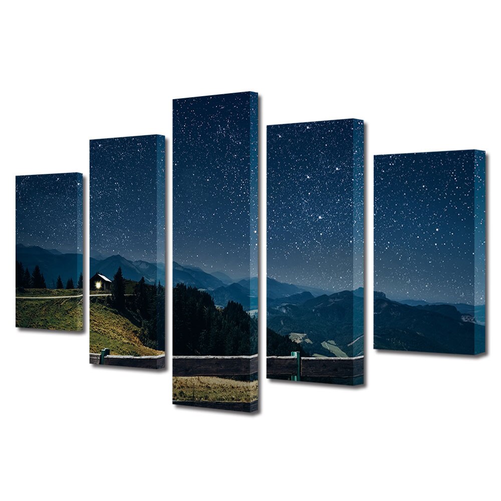 Set Tablouri Multicanvas, ArtDeco, Cabana montana noaptea, Panza pe cadru de lemn, Decoratiuni Moderne pentru Casa, 5 piese, 60 x 100 cm