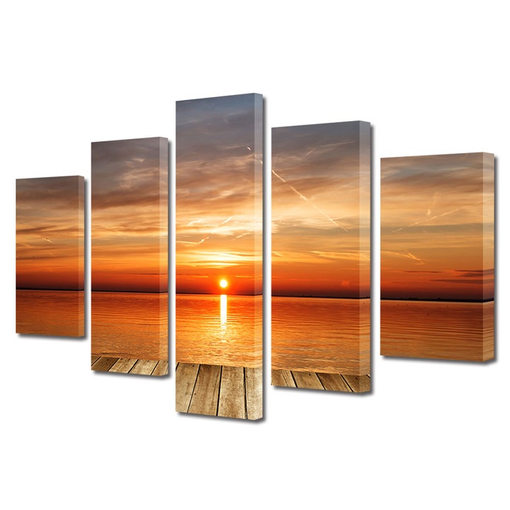 Set Tablouri Multicanvas, ArtDeco, Apus rosu peste ponton, Panza pe cadru de lemn, Decoratiuni Moderne pentru Casa, 5 piese, 70 x 125 cm
