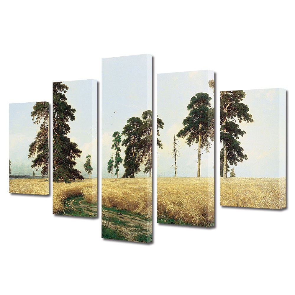 Set Tablouri Multicanvas, ArtDeco, Lan de grau in vant, Panza pe cadru de lemn, Decoratiuni Moderne pentru Casa, 5 piese, 60 x 100 cm