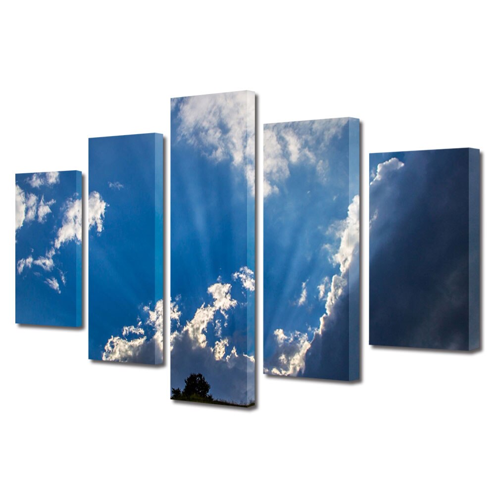 Set Tablouri Multicanvas, ArtDeco, Nori si raze de soare, Panza pe cadru de lemn, Decoratiuni Moderne pentru Casa, 5 piese, 100 x 175 cm