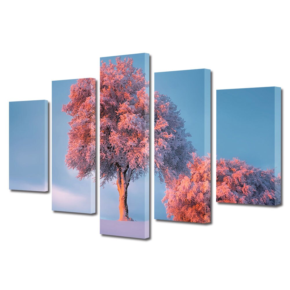 Set Tablouri Multicanvas, ArtDeco, Lumina cu tenta roz, Panza pe cadru de lemn, Decoratiuni Moderne pentru Casa, 5 piese, 100 x 175 cm