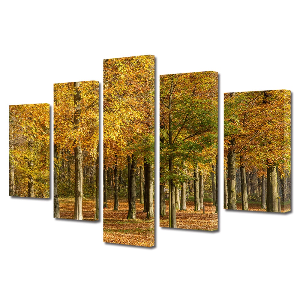 Set Tablouri Multicanvas, ArtDeco, Auriu de toamna, Panza pe cadru de lemn, Decoratiuni Moderne pentru Casa, 5 piese, 100 x 175 cm