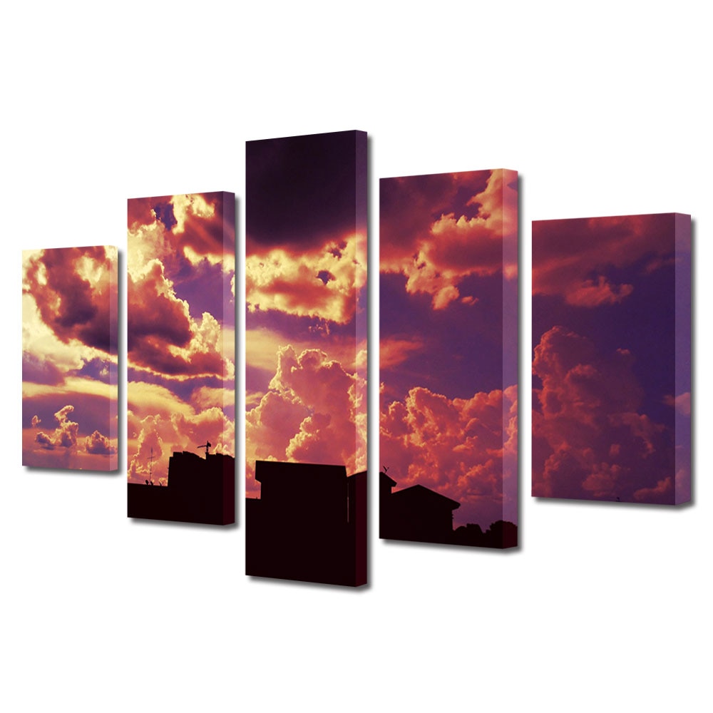 Set Tablouri Multicanvas, ArtDeco, Nori in flacari, Panza pe cadru de lemn, Decoratiuni Moderne pentru Casa, 5 piese, 60 x 100 cm