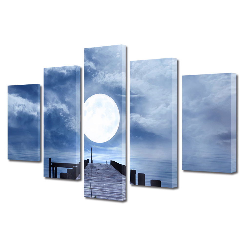 Set Tablouri Multicanvas, ArtDeco, Pe ponton in lumina lunii, Panza pe cadru de lemn, Decoratiuni Moderne pentru Casa, 5 piese, 110 x 200 cm