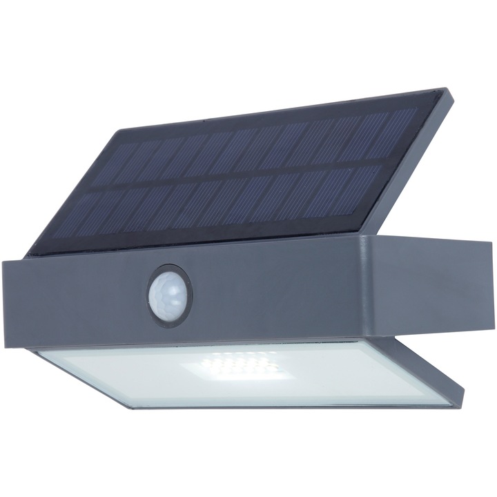 Aplica cu panou solar Lutec Arrow, senzor de miscare, 2.3W, 180 lm, 1200 mAh, lumina alba rece (5000K), IP44, Gri