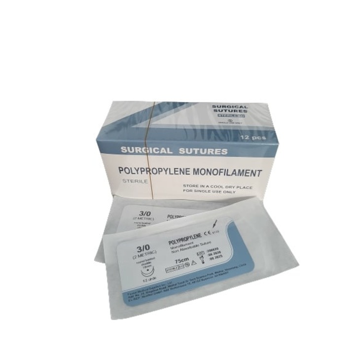 Varrócérna, 12 db, POLIPROPILÉN, USP 3/0, 75 cm, 1/2 görbület, 18 mm-es kerek tű