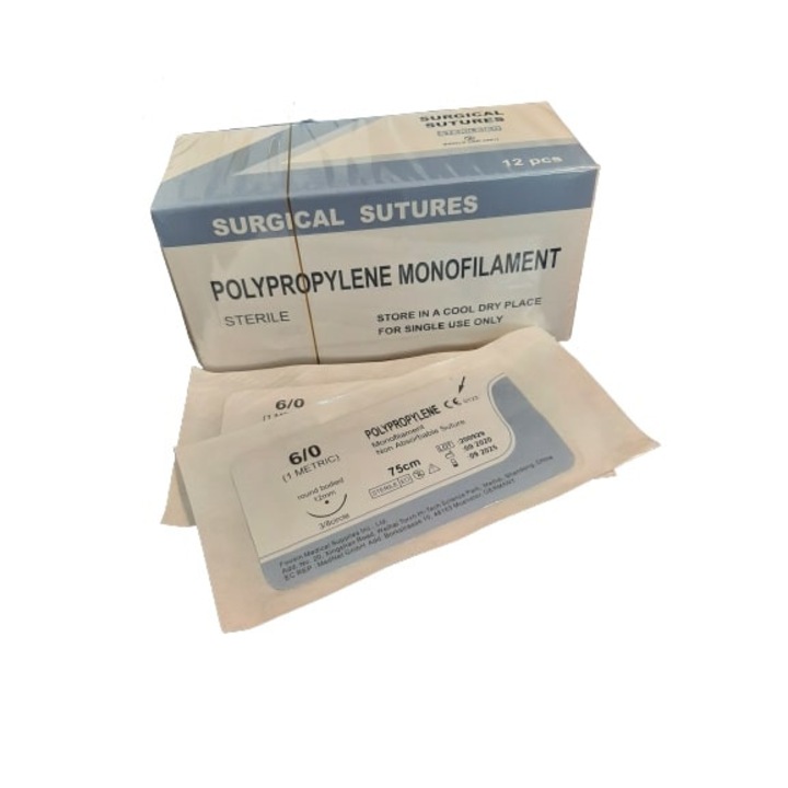 OEM 12 darabos sebvarró cérna szett, polipropilén, USP 6/0, 75 cm, görbület 3/8, 12 mm-es kerek tű