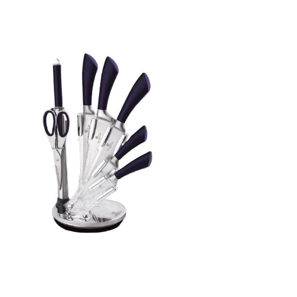 Set cutite din inox pe suport rotativ, 8 piese, maner mov, Berlinger Haus, BH2670