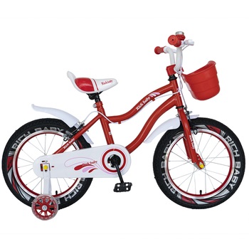 Bicicleta Copii 3-5 ani, Roti 14 Inch, C-Brake, Roti Ajutatoare cu LED, Rich Baby R1404A, Cadru Rosu cu Design Alb Bicicleta Copii 3-5 ani, Roti 14 Inch, C-Brake, Roti Ajutatoare cu LED, Rich Baby R1404A, Cadru Rosu cu Design Alb