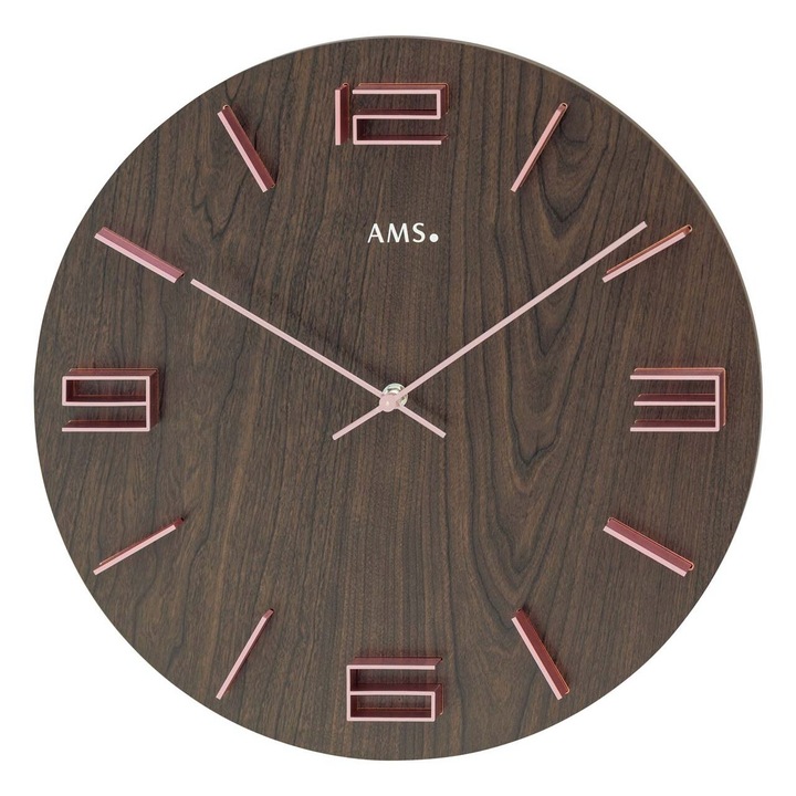 Стенен часовник AMS 9591, кварцов, кафяв, аналогов, модерен