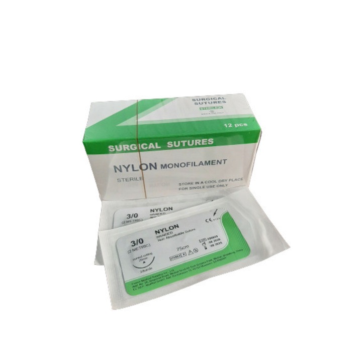 OEM NYLON USP 3/0 varratok, 75 cm, 3/8 görbület, 26 mm háromszög tű, 12 darab