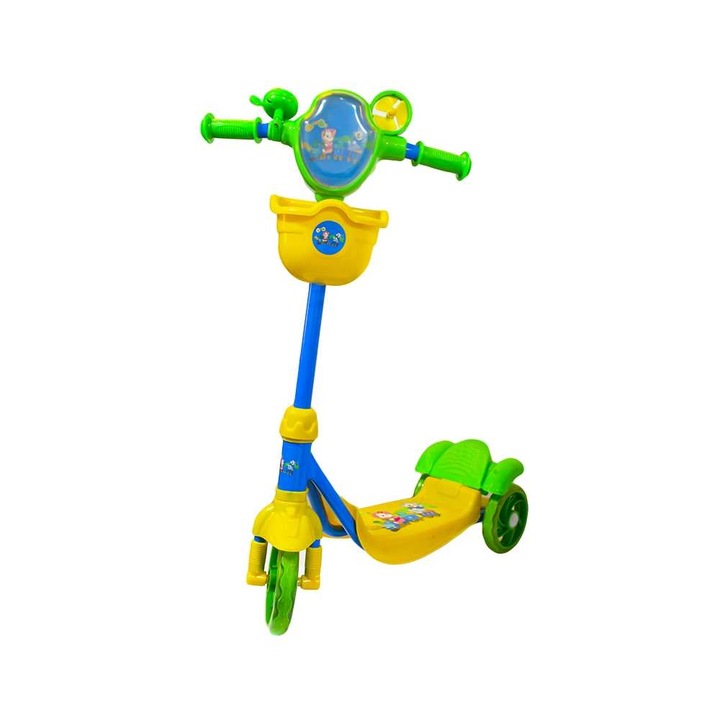 Trotineta cu cosulet, JOY, cu roti silicon, pentru copii 3-7ani, 72cm, Albastru/Verde/Galben