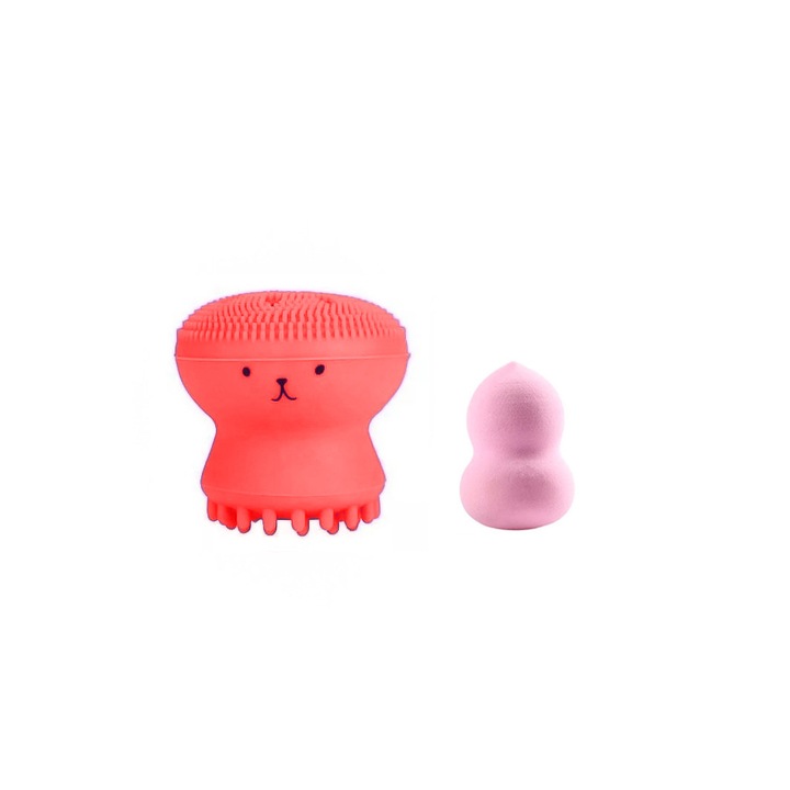 Set Bonita cu buretel cosmetic in forma de para si dispozitiv de curatare faciala, din silicon, rosu/roz pudra, Doty