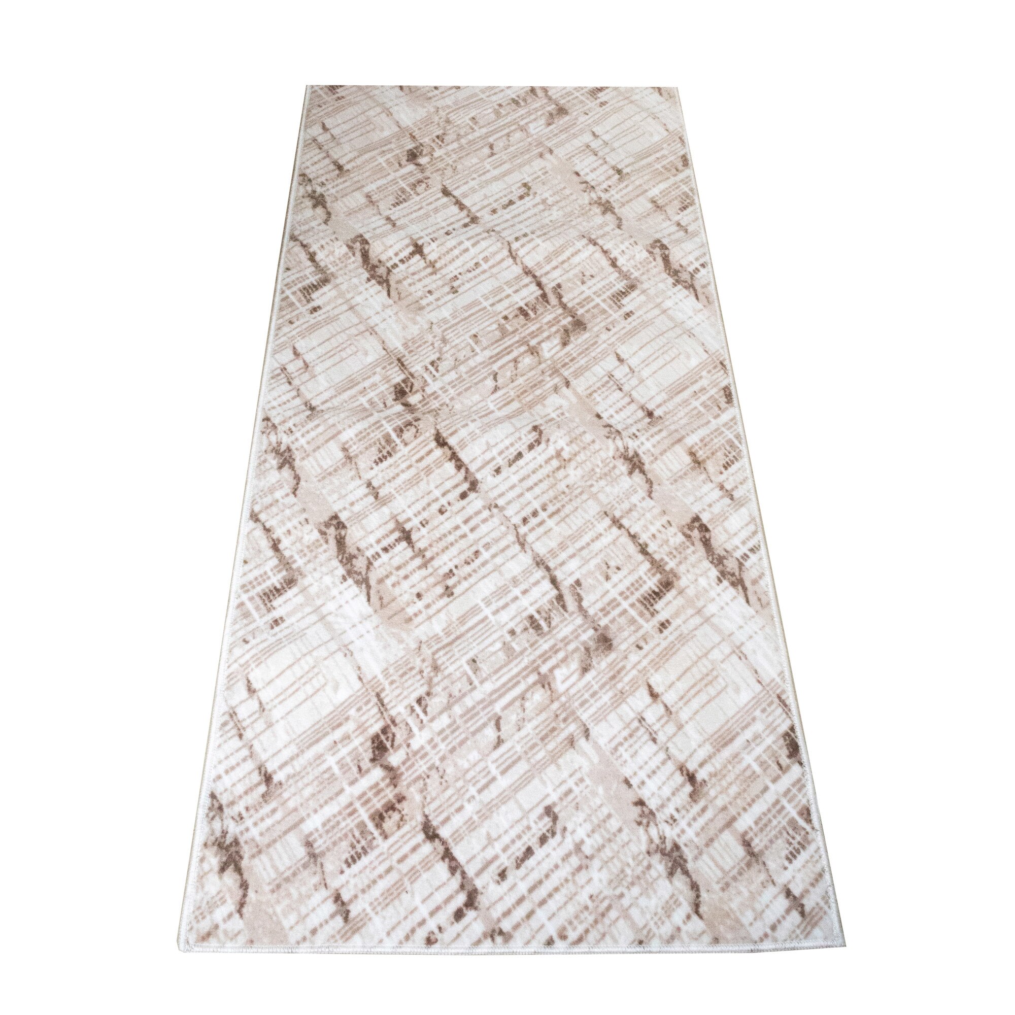 Covor tip traversa Nova 201B , 80x200 cm , poliester 100% ,inaltime plus 6 mm ,gramaj 1250 g/mp ,antialunecare ,dos PVC cu puncte , model linii bej