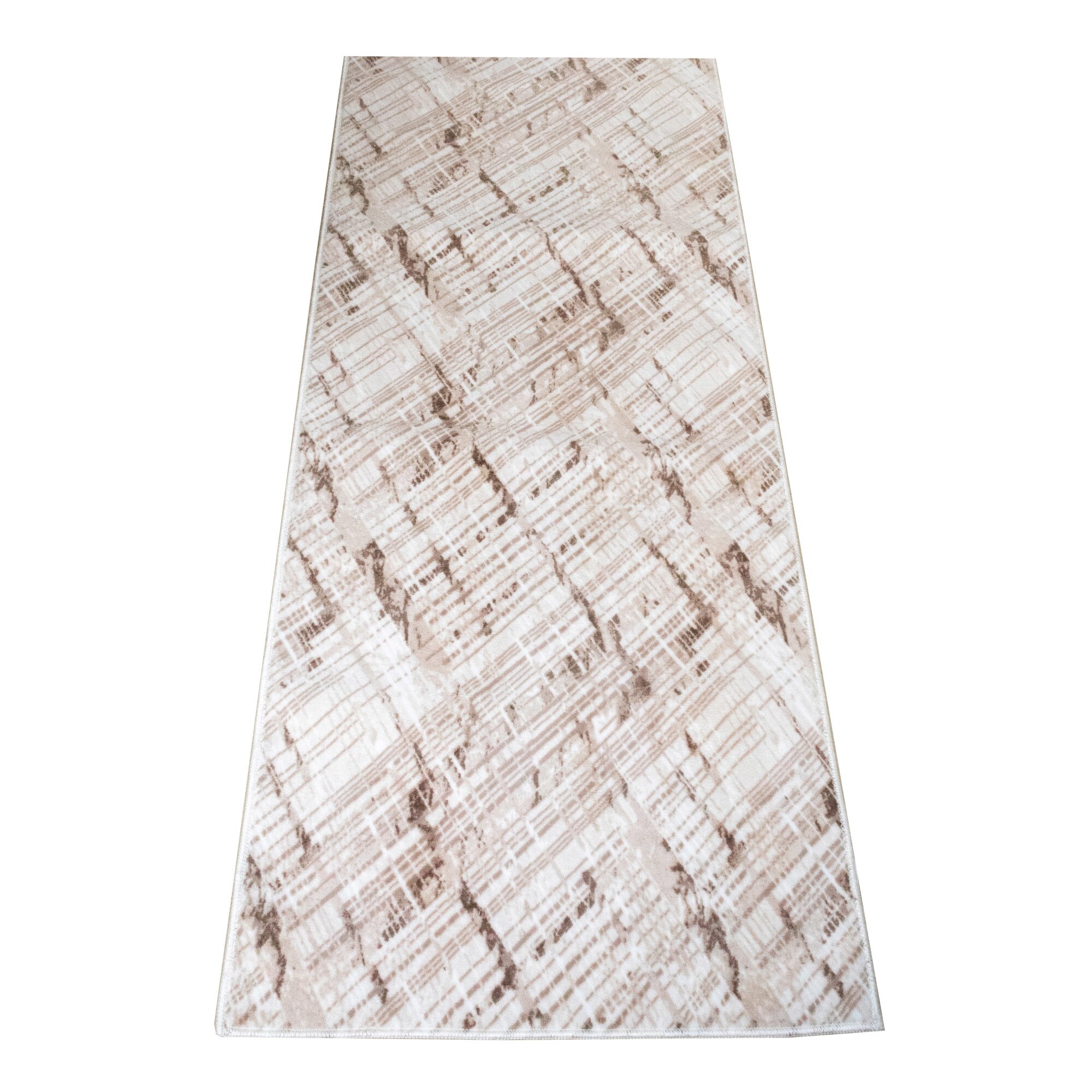 Covor tip traversa Nova 201B , 80x300 cm, poliester 100% ,inaltime plus 6 mm ,gramaj 1250 g/mp ,antialunecare ,dos PVC cu puncte , model linii bej