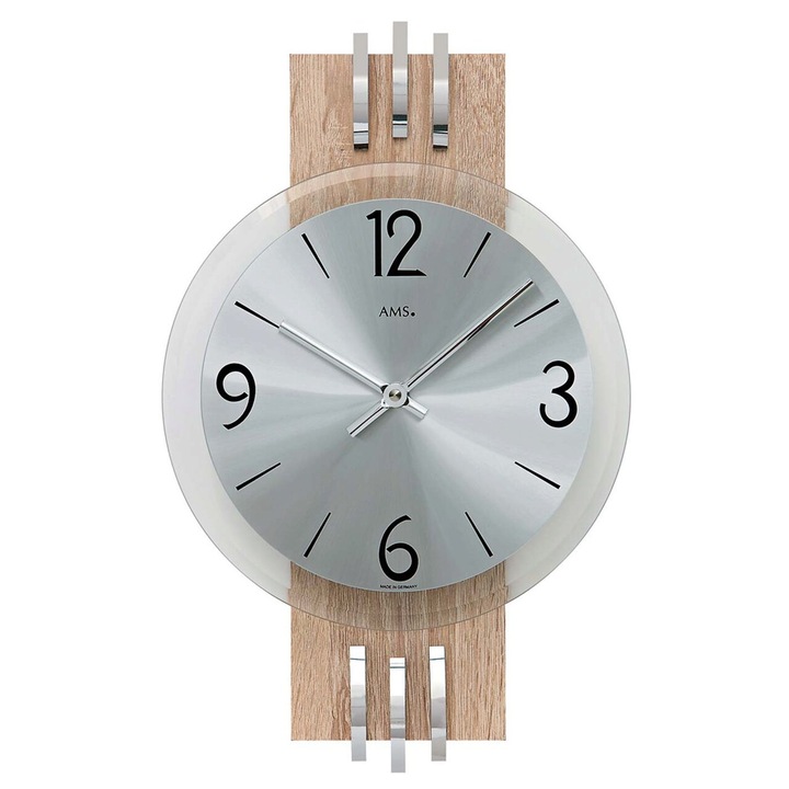 Ceas de perete AMS 9228, Quartz, Argintiu, Analogic, Modern