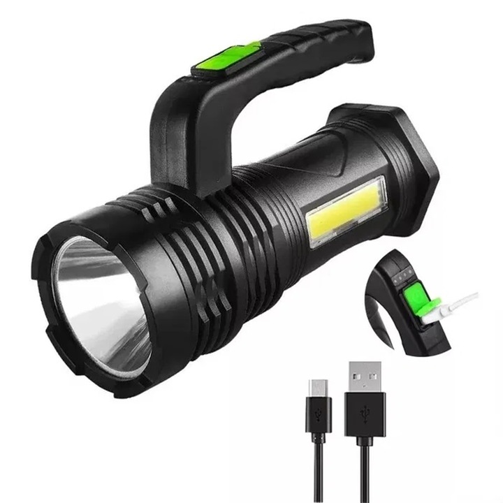 Мощен соларен LED фенер 1Tech COB-3S, USB зареждане, Лек и компактен, Черен