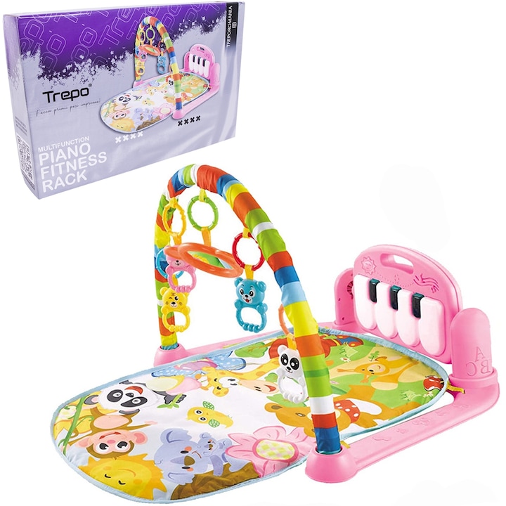 Centru de Activitati si Joaca, Saltea Interactiva pentru Copii / Bebe cu Sunete, Multifunctional, Pian si Oglinda Detasabile, Jucarii Zornaitoare, 4 Moduri de Joaca Interactive si Educative