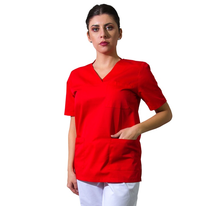 Блуза Prima, унисекс, къс ръкав, V яка, 3 джоба, червен, XS
