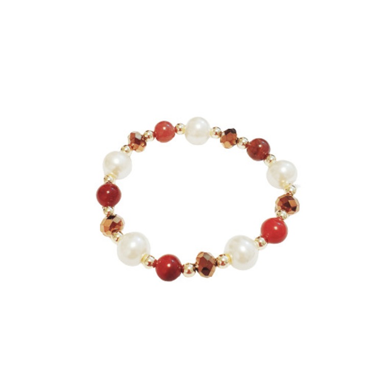 Bratara ANTONIETA, 17 cm elastica, agate maro si perle